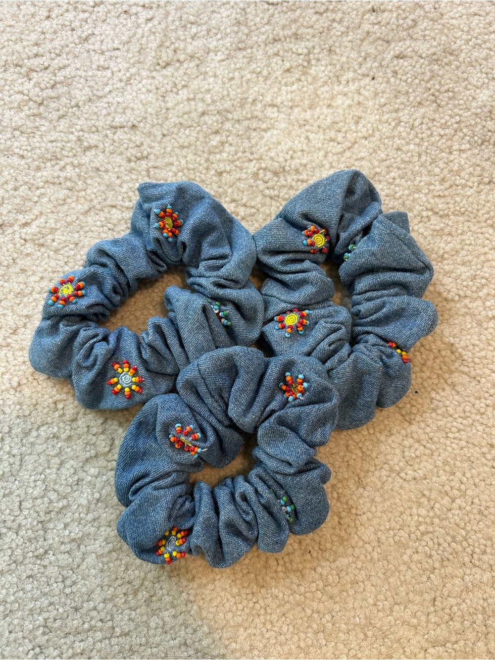 Denim Blue Beaded Kids Scrunchie - Set of 3